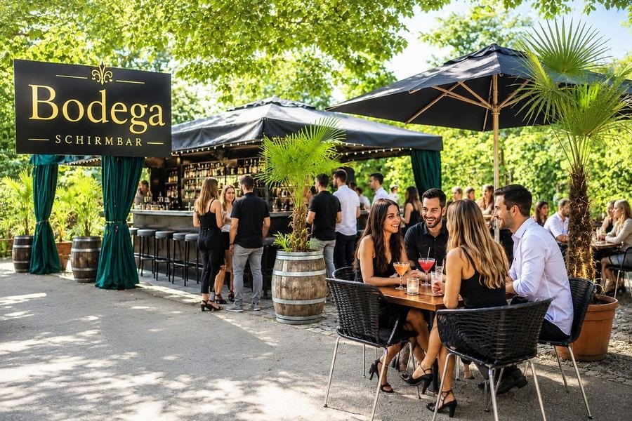 Schirmbar mit Gastgarten am frühen Abend